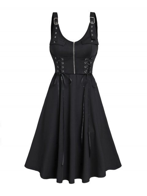 Mini Robe Gothique à Bretelle Ajustable à Demi-Zip avec Poche en Faux Cuir