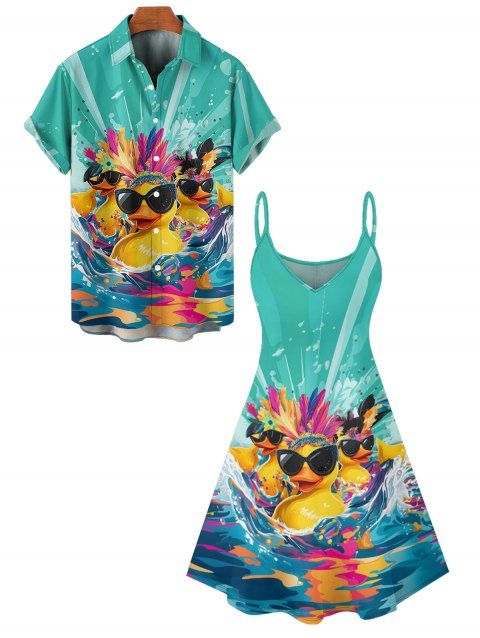 Hawaii Couple Outfit Duck with Sunglasses Wave Pattern Spaghetti Strap A Line Mini Dress and Roll Up Sleeve Shirt Vacation Matching Outfit
