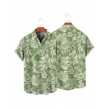 Vacation Couple Outfit Allover Hibiscus Floral Pattern Belt Ruched Bust Sweetheart Neck A Line Mini Dress and Roll Up Sleeve Shirt Casual Matching Outfit