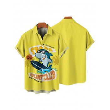Vacation Couple Outfit Cute Shark with Sunglasses Surfboard Letter Pattern Spaghetti Strap V Neck A Line Mini Tank Dress and Roll Up Sleeve Shirt Beach Two Piece Set
