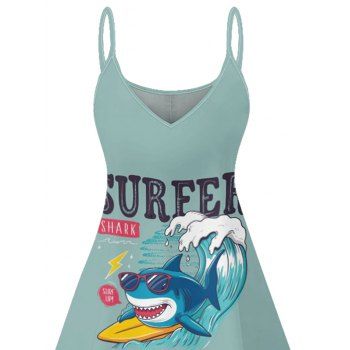 Shark with Sunglasses Surfboard Wave Letter Pattern Vacation Dress Spaghetti Strap V Neck A Line Mini Beach Tank Dress