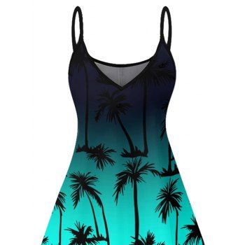 Coconut Tree Pattern Ombre Vacation Dress V Neck Spaghetti Strap A Line Mini Tank Dress
