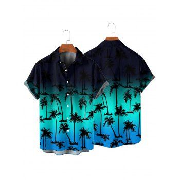 Vacation Couple Outfit Ombre Coconut Tree Pattern V Neck Spaghetti Strap A Line Mini Tank Dress and Roll Up Sleeve Shirt Casual Matching Outfit