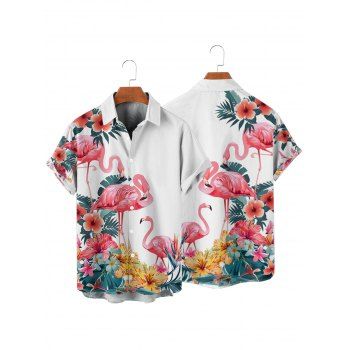 Vacation Couple Outfit Flamingo Hibiscus Floral Leaf Pattern Belt Ruched Bust Sweetheart Neck A Line Mini Dress and Roll Up Sleeve Shirt Casual Matching Outfit