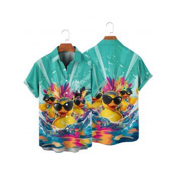 Men's Duck with Sunglasses Wave Printed Hawaii Shirt Button Up Roll Up Sleeve Vacation Shirt