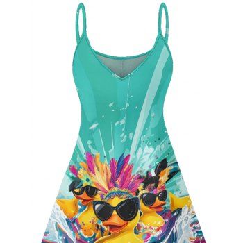 Duck with Sunglasses Wave Pattern Hawaii Dress Spaghetti Strap A Line Mini Vacation Dress