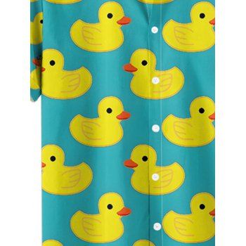 Men's Allover Cartoon Duck Pattern Vacation Shirt Roll Up Short Sleeve Button Up Casual Shirt