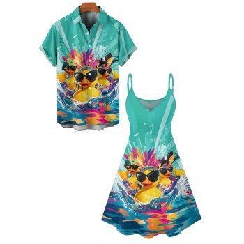 Hawaii Couple Outfit Duck with Sunglasses Wave Pattern Spaghetti Strap A Line Mini Dress and Roll Up Sleeve Shirt Vacation Matching Outfit