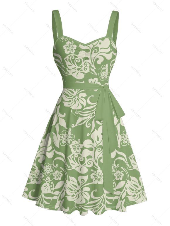 Vacation Couple Outfit Allover Hibiscus Floral Pattern Belt Ruched Bust Sweetheart Neck A Line Mini Dress and Roll Up Sleeve Shirt Casual Matching Outfit - Vert S | US 4