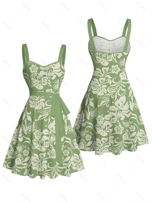 Vacation Couple Outfit Allover Hibiscus Floral Pattern Belt Ruched Bust Sweetheart Neck A Line Mini Dress and Roll Up Sleeve Shirt Casual Matching Outfit - Vert S | US 4