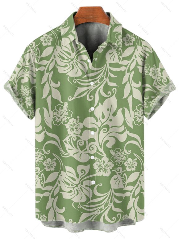 Vacation Couple Outfit Allover Hibiscus Floral Pattern Belt Ruched Bust Sweetheart Neck A Line Mini Dress and Roll Up Sleeve Shirt Casual Matching Outfit - Vert S | US 4