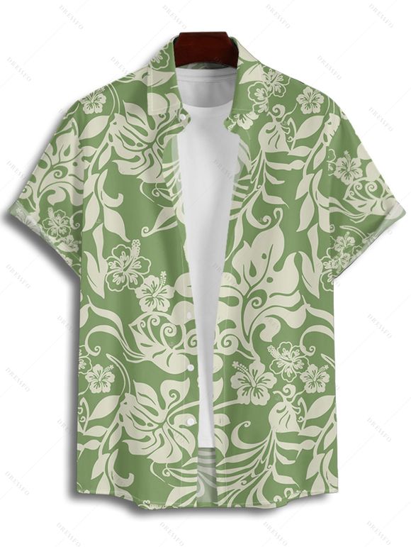 Vacation Couple Outfit Allover Hibiscus Floral Pattern Belt Ruched Bust Sweetheart Neck A Line Mini Dress and Roll Up Sleeve Shirt Casual Matching Outfit - Vert S | US 4