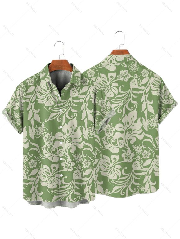 Vacation Couple Outfit Allover Hibiscus Floral Pattern Belt Ruched Bust Sweetheart Neck A Line Mini Dress and Roll Up Sleeve Shirt Casual Matching Outfit - Vert S | US 4