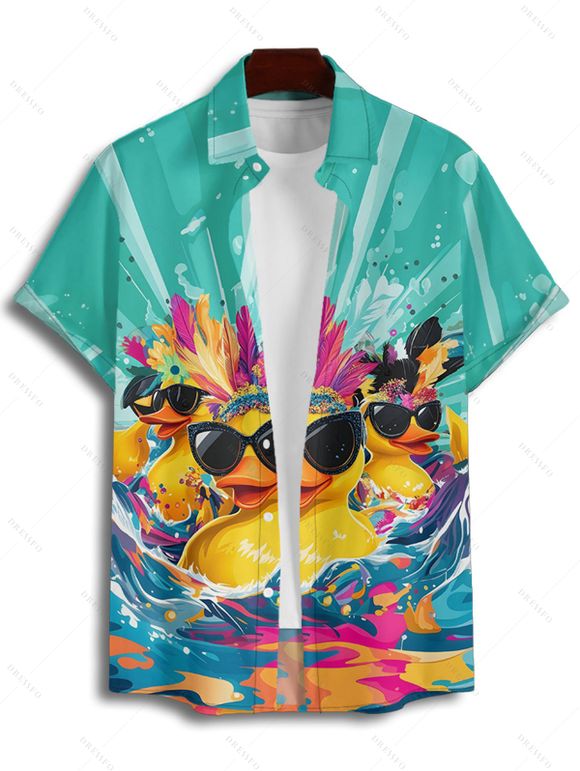 Chemise Boutonnée Canard avec Lunettes de Soleil Imprimé à Manches Roulées pour Homme - Vert clair 5XL
