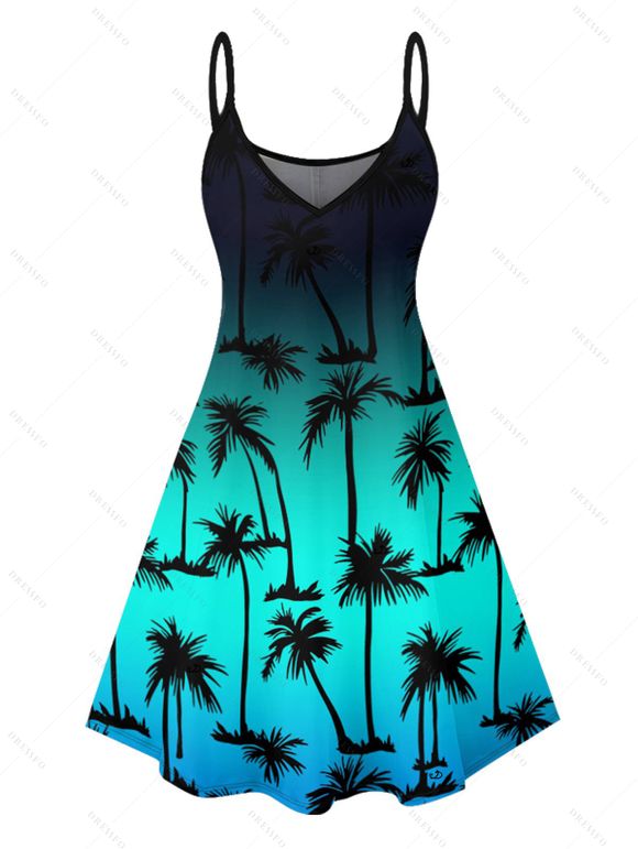 Vacation Couple Outfit Ombre Coconut Tree Pattern V Neck Spaghetti Strap A Line Mini Tank Dress and Roll Up Sleeve Shirt Casual Matching Outfit - Noir S | US 4