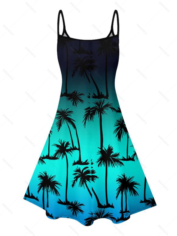 Vacation Couple Outfit Ombre Coconut Tree Pattern V Neck Spaghetti Strap A Line Mini Tank Dress and Roll Up Sleeve Shirt Casual Matching Outfit - Noir S | US 4
