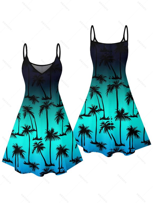 Vacation Couple Outfit Ombre Coconut Tree Pattern V Neck Spaghetti Strap A Line Mini Tank Dress and Roll Up Sleeve Shirt Casual Matching Outfit - Noir S | US 4
