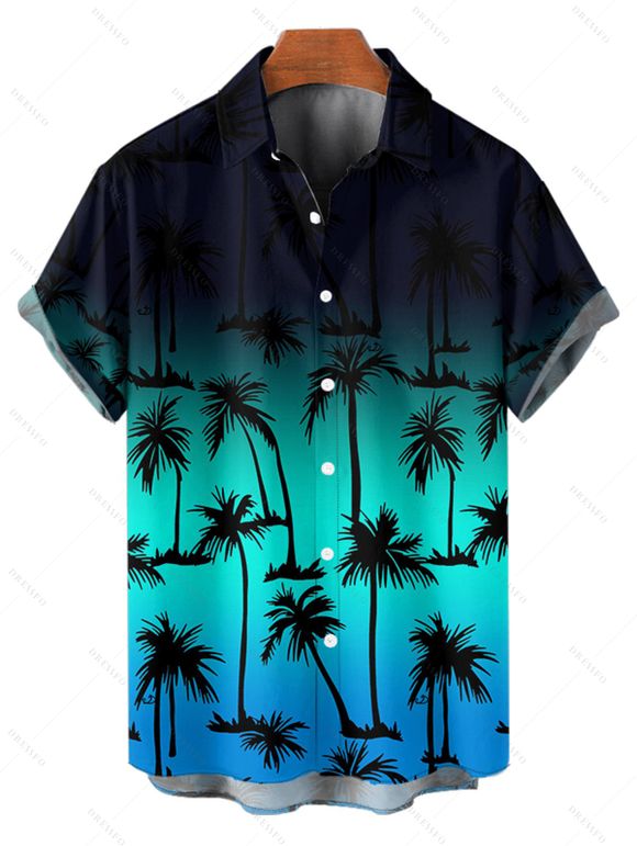 Vacation Couple Outfit Ombre Coconut Tree Pattern V Neck Spaghetti Strap A Line Mini Tank Dress and Roll Up Sleeve Shirt Casual Matching Outfit - Noir S | US 4