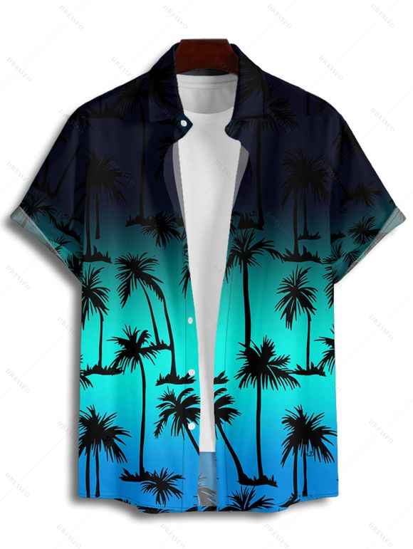 Vacation Couple Outfit Ombre Coconut Tree Pattern V Neck Spaghetti Strap A Line Mini Tank Dress and Roll Up Sleeve Shirt Casual Matching Outfit - Noir S | US 4