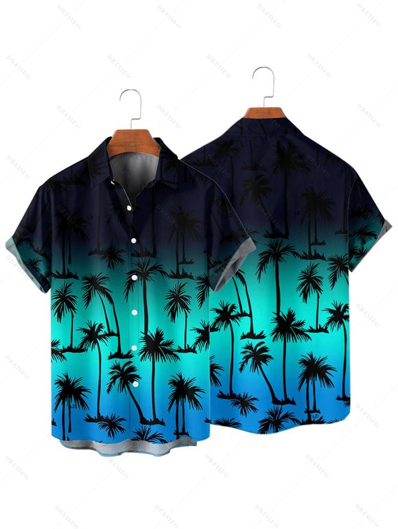 Vacation Couple Outfit Ombre Coconut Tree Pattern V Neck Spaghetti Strap A Line Mini Tank Dress and Roll Up Sleeve Shirt Casual Matching Outfit - Noir S | US 4