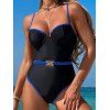 Contrast Color Underwire Push Up One-piece Swimsuit Tummy Control Spaghetti Strap Square Ring High Cut Swimwear - BLUE L | US 8