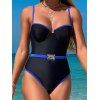 Contrast Color Underwire Push Up One-piece Swimsuit Tummy Control Spaghetti Strap Square Ring High Cut Swimwear - BLUE L | US 8