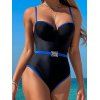 Contrast Color Underwire Push Up One-piece Swimsuit Tummy Control Spaghetti Strap Square Ring High Cut Swimwear - BLUE L | US 8