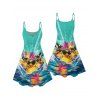 Hawaii Couple Outfit Duck with Sunglasses Wave Pattern Spaghetti Strap A Line Mini Dress and Roll Up Sleeve Shirt Vacation Matching Outfit - Vert clair S | US 4