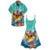 Hawaii Couple Outfit Duck with Sunglasses Wave Pattern Spaghetti Strap A Line Mini Dress and Roll Up Sleeve Shirt Vacation Matching Outfit - Vert clair S | US 4