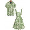 Vacation Couple Outfit Allover Hibiscus Floral Pattern Belt Ruched Bust Sweetheart Neck A Line Mini Dress and Roll Up Sleeve Shirt Casual Matching Outfit - Vert S | US 4