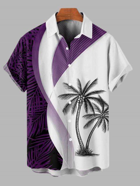 Coconut Tree Leaf Print Short Sleeve Vacation Shirt Contrast Color Button Up Shirt