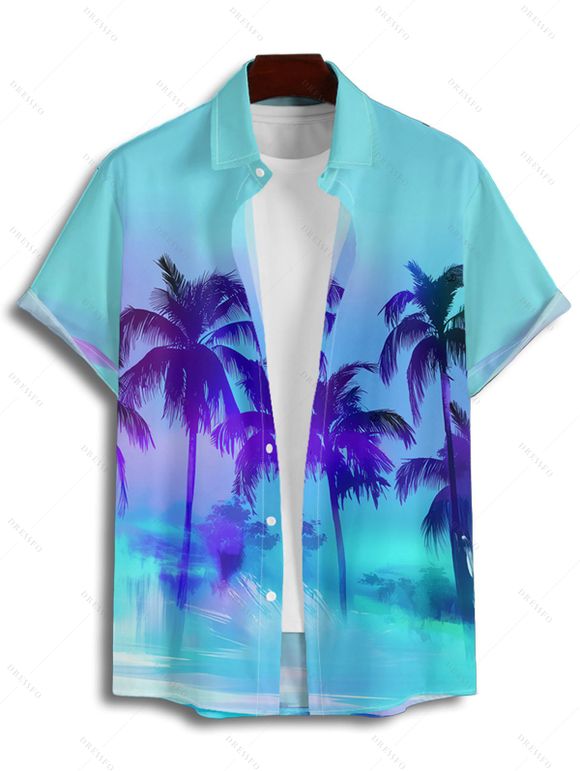 Palm Tree Print Spaghetti Strap V Neck Mini Dress and Short Sleeve Shirt  Crossover Layered Skirtini Bikini  Solid Color Shorts Outfit - Bleu S | US 4