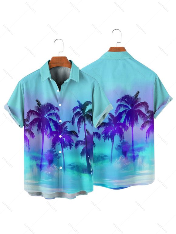 Palm Tree Print Spaghetti Strap V Neck Mini Dress and Short Sleeve Shirt  Crossover Layered Skirtini Bikini  Solid Color Shorts Outfit - Bleu S | US 4