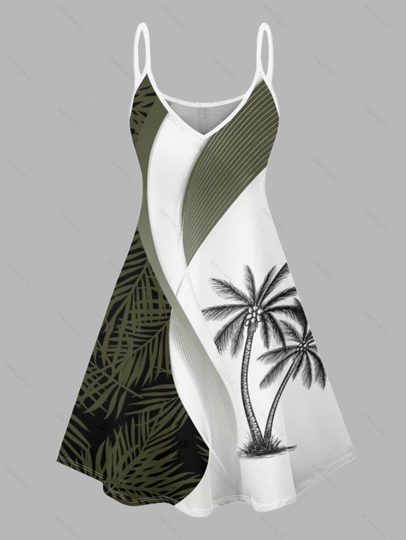 Colorblock Coconut Tree Leaf Print Vacation Dress V Neck Spaghetti Strap A Line Dress - GREEN M | US 6