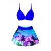 Palm Tree Print Spaghetti Strap V Neck Mini Dress and Short Sleeve Shirt  Crossover Layered Skirtini Bikini  Solid Color Shorts Outfit - Bleu S | US 4
