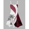 Robe Ligne A à Bretelle Fine Feuille Arbre de Noix de Coco Imprimé en Blocs de Couleurs à Col V - Rouge foncé XXXXXL | US 20