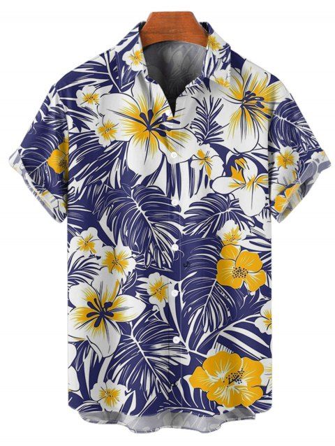Chemise de Vacances Décontractée Motif de Feuille Tropicale à Manches Roulées