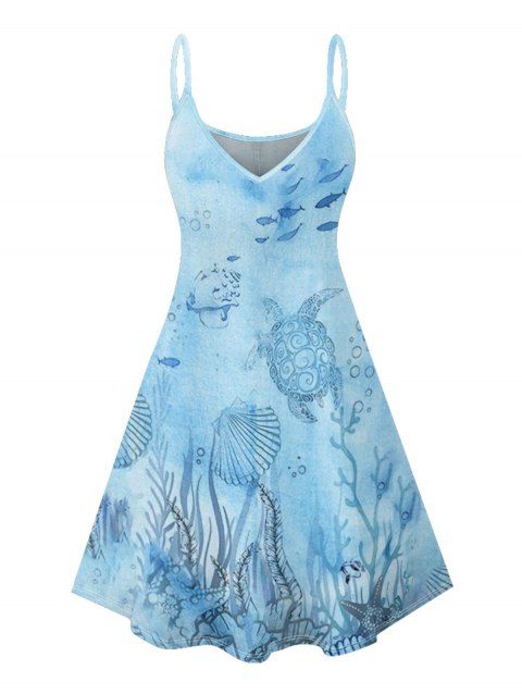 Mini Robe de Vacances Ligne A Motif de Poisson Tortue de Mer et de Coquille à Bretelle Fine