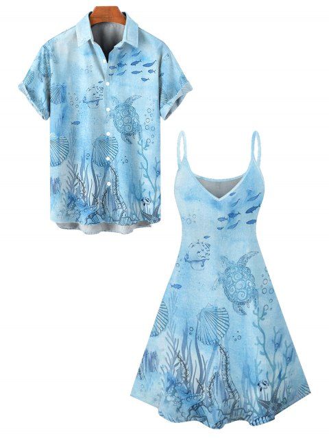 Vacation Couple Outfit Ocean Elements Sea Turtle Shell Fish Coral Spaghetti Strap V Neck A Line Mini Tank Dress and Roll Up Sleeve Shirt Beach Matching Outfit