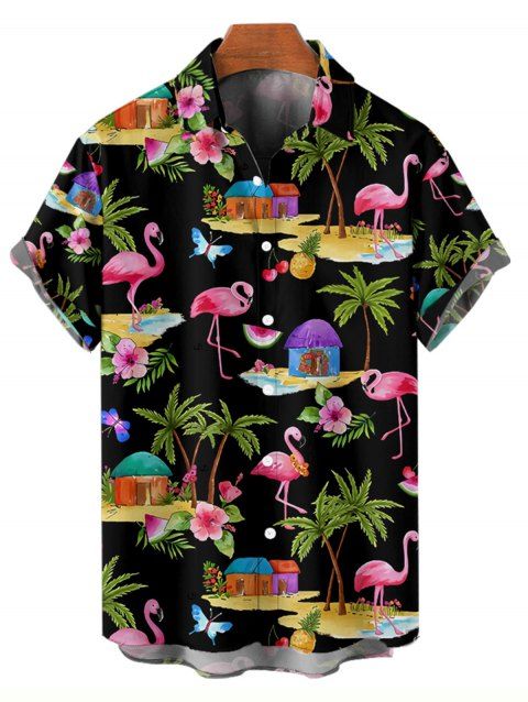 Chemise de Vacances Décontractée Motif de Feuille Flamant Partout à Manches Roulées