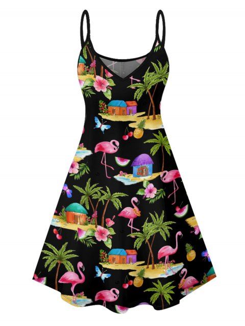 Mini Robe Ligne A Motif de Feuille et de Flamant à Bretelle Fine