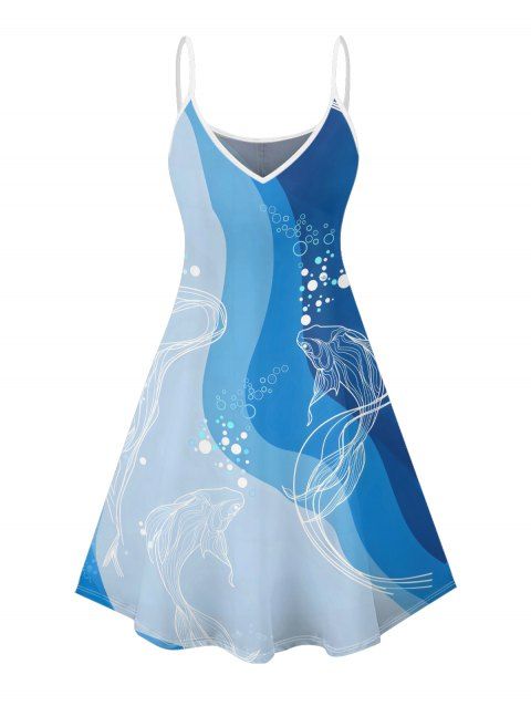 Mini Robe de Vacances Ligne A Ombrée Motif D'Elément de Mer à Bretelle Fine à Pois