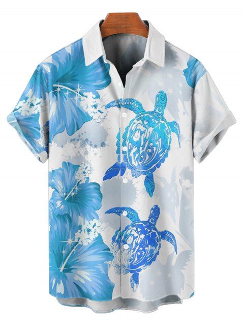 Chemise de Plage Motif D'Hibiscus et de Fleur Boutonnée à Manches Roulées pour Homme