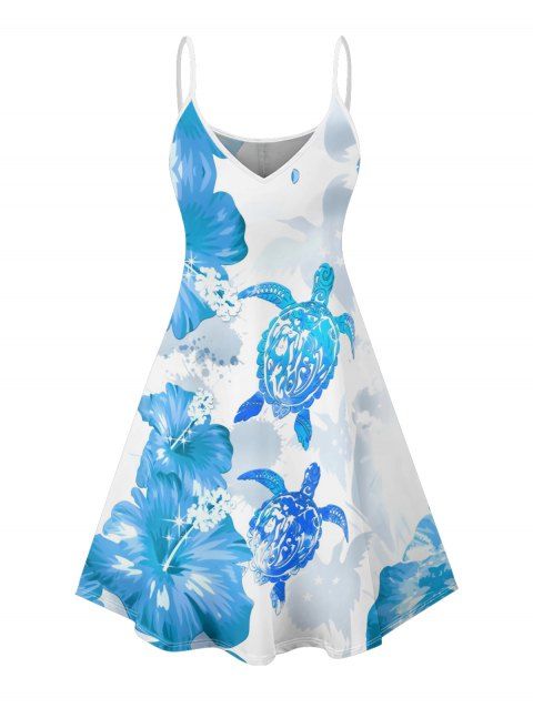 Hibiscus Floral Sea Turtle Pattern Vacation Dress Spaghetti Strap V Neck A Line Mini Tank Dress