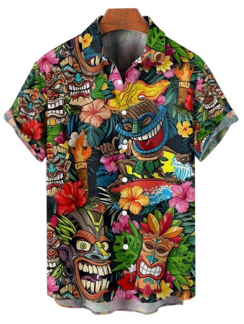 Chemise Décontractée Motif D'Hibiscus et de Vacances Boutonnée à Manches Courtes