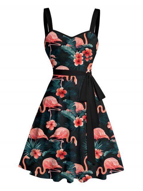 Mini Robe Ligne A Décontractée Motif de Flamant Rose Col en Forme de Cœur