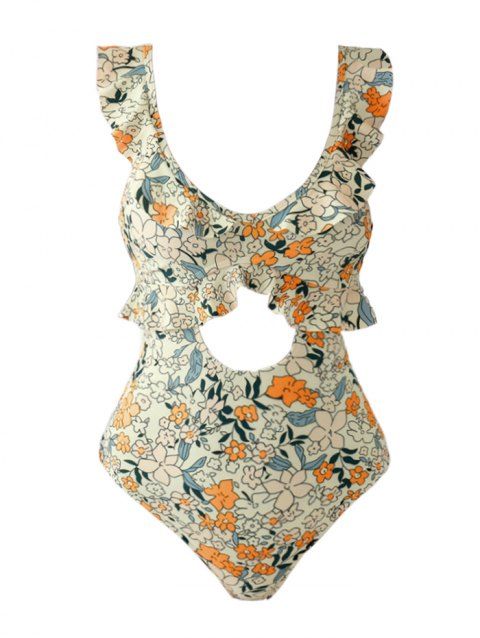 Maillot de Bain de Plage Découpé Motif de Feuille Fleuri à Bretelle Ajustable à Volants Une-Pièce