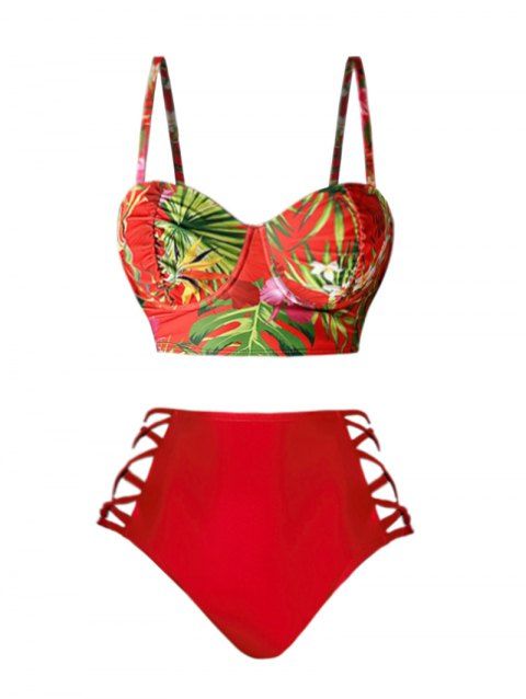 Maillot de Bain Tankini Croisé Motif de Feuille Tropicale à Taille Haute à Armature Deux Pièces