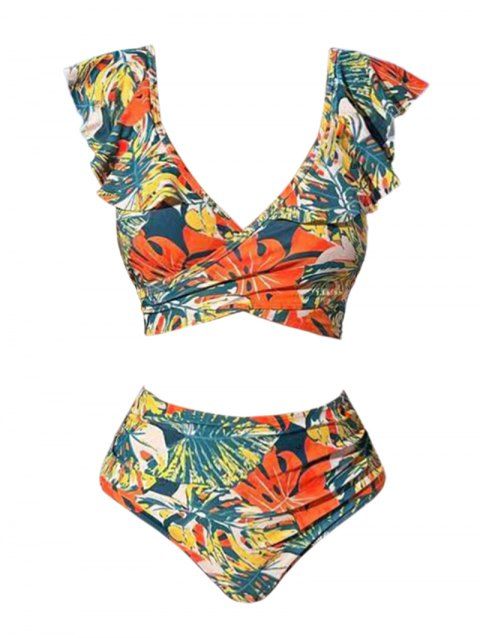 Maillot de Bain Tankini Croisé Motif de Feuille Tropicale à Taille Haute à Volants Deux Pièces