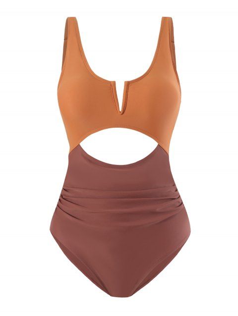 Maillot de Bain Léopard Découpé en Blocs de Couleurs avec Nœud Papillon à Volants Une-Pièce